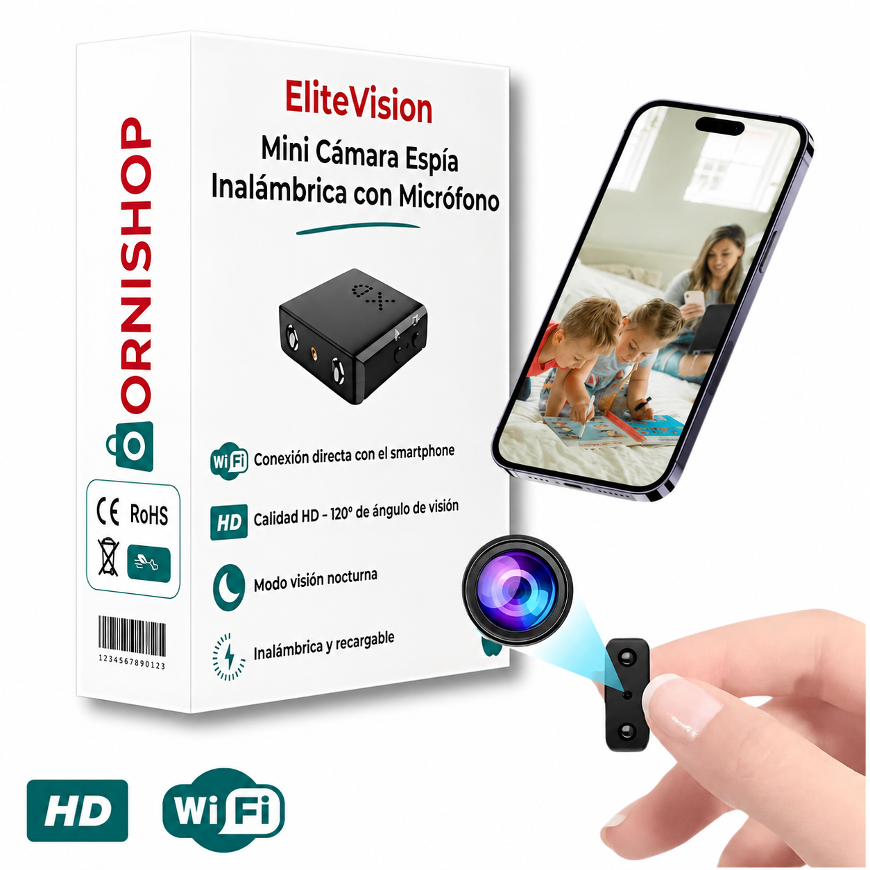 Cámara espía compacta ORNISHOP con resolución Full HD 1080p y visión nocturna
