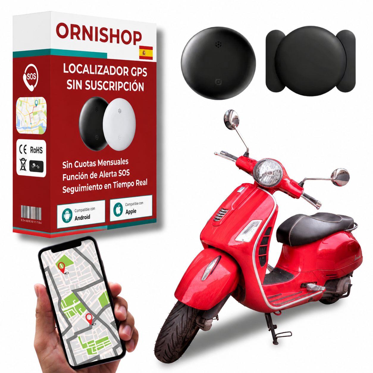 Rastreador GPS sin cuotas mensuales compatible con Apple Find My y Android para moto y coche