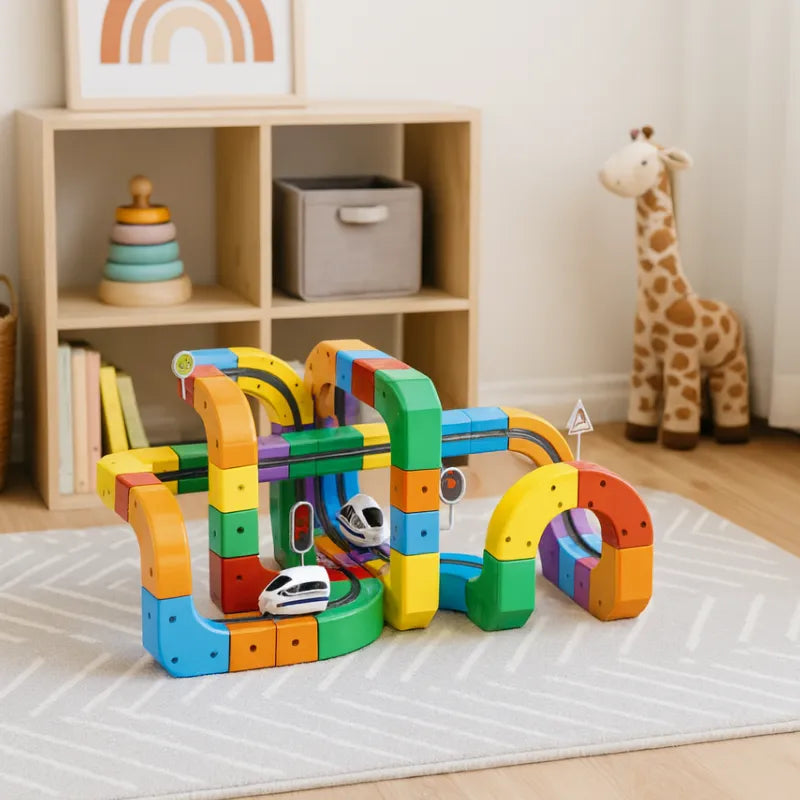 Pista de canicas 3D construcción educativa con bloques de colores y raíles ensamblados mostrando el circuito completo