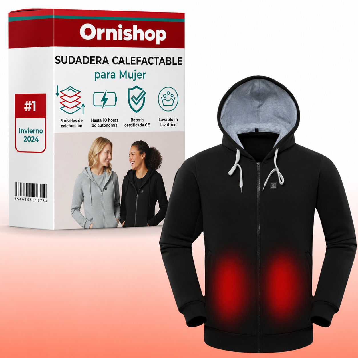 Sudadera térmica Ornishop X con sistema de calefacción integrado, vista frontal en color negro