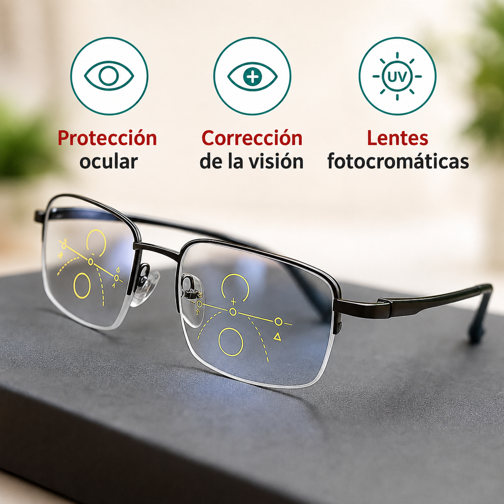 Gafas progresivas multifocales con tecnología alemana ARNO® y lentes fotocromáticas adaptativas