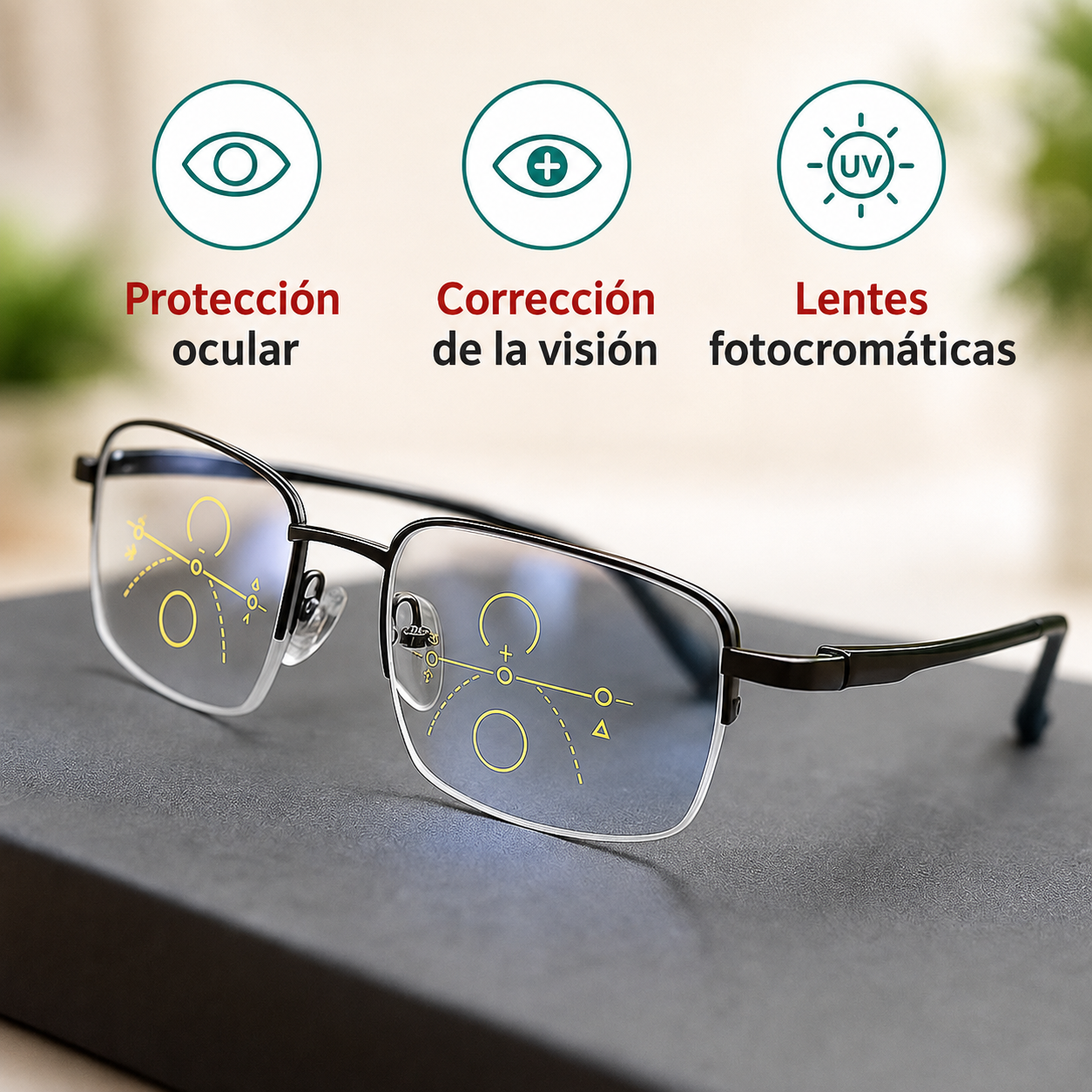 Gafas progresivas multifocales con tecnología alemana ARNO® y lentes fotocromáticas adaptativas