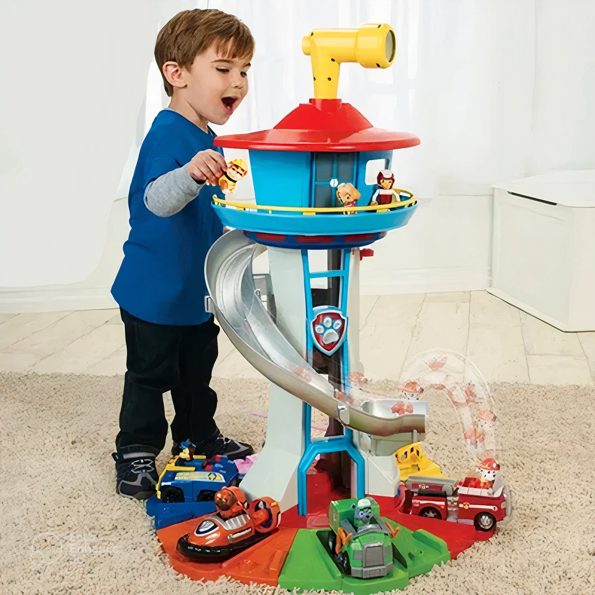 Conjunto completo de vehículos PawPatrol con 9 figuras de personajes de La Patrulla Canina en colores vivos