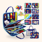 Tablero de actividades Montessori para niños con cremalleras y botones en color azul