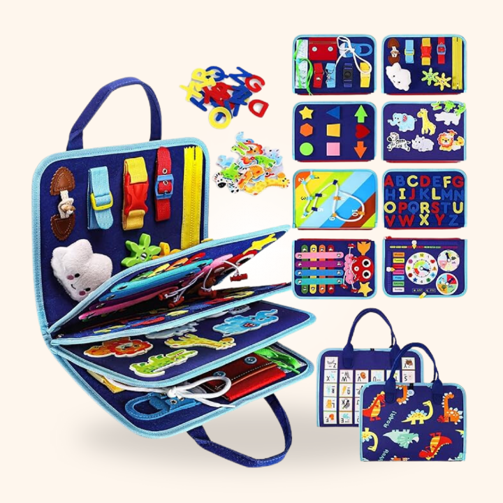 Tablero de actividades Montessori para niños con cremalleras y botones en color azul