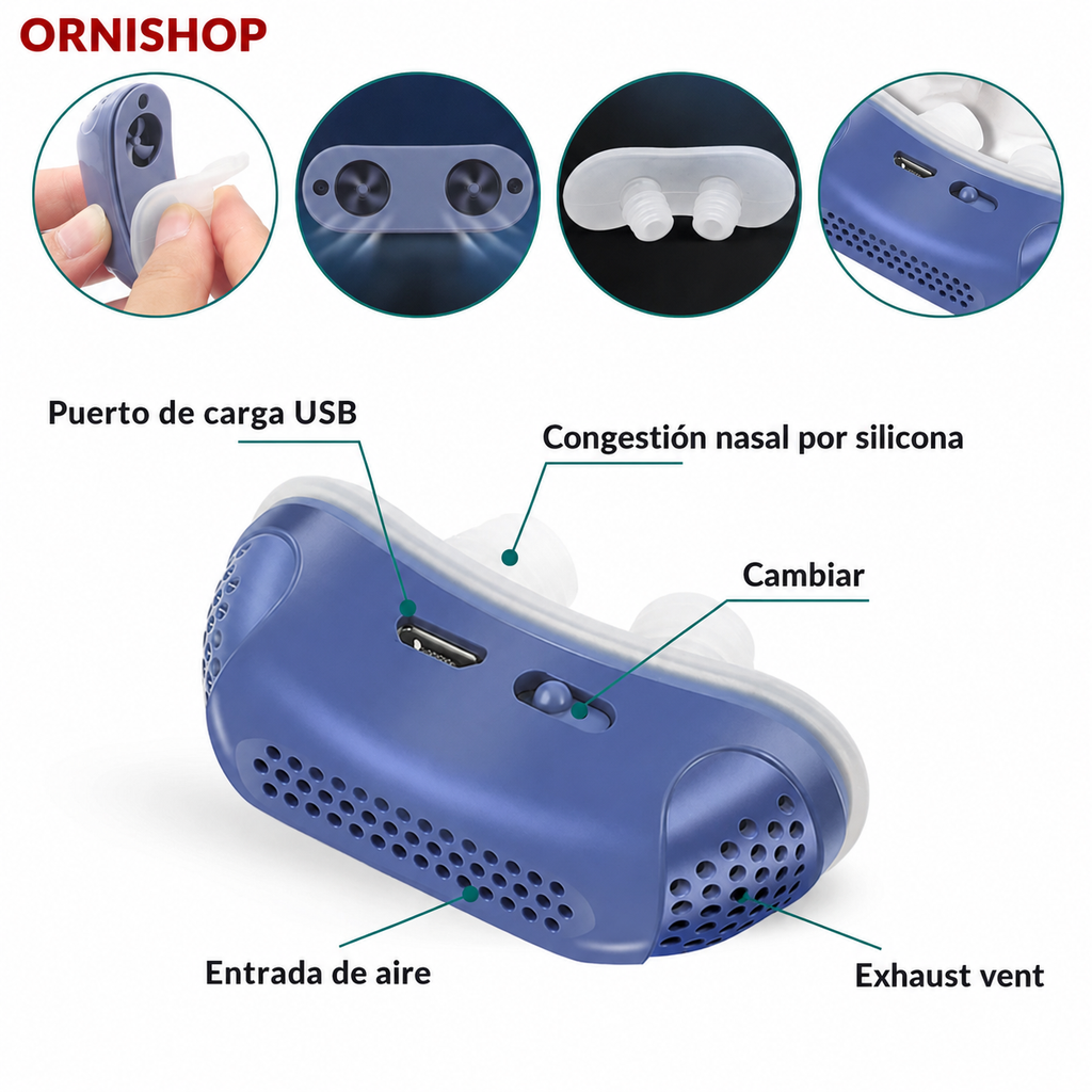 Micro CPAP anti-ronquidos mostrando sus almohadillas nasales de silicona médica hipoalergénica