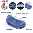 Micro CPAP anti-ronquidos mostrando sus almohadillas nasales de silicona médica hipoalergénica