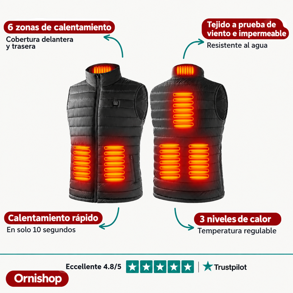 Detalle del sistema de calefacción del chaleco Ornishop X mostrando los elementos calefactores distribuidos