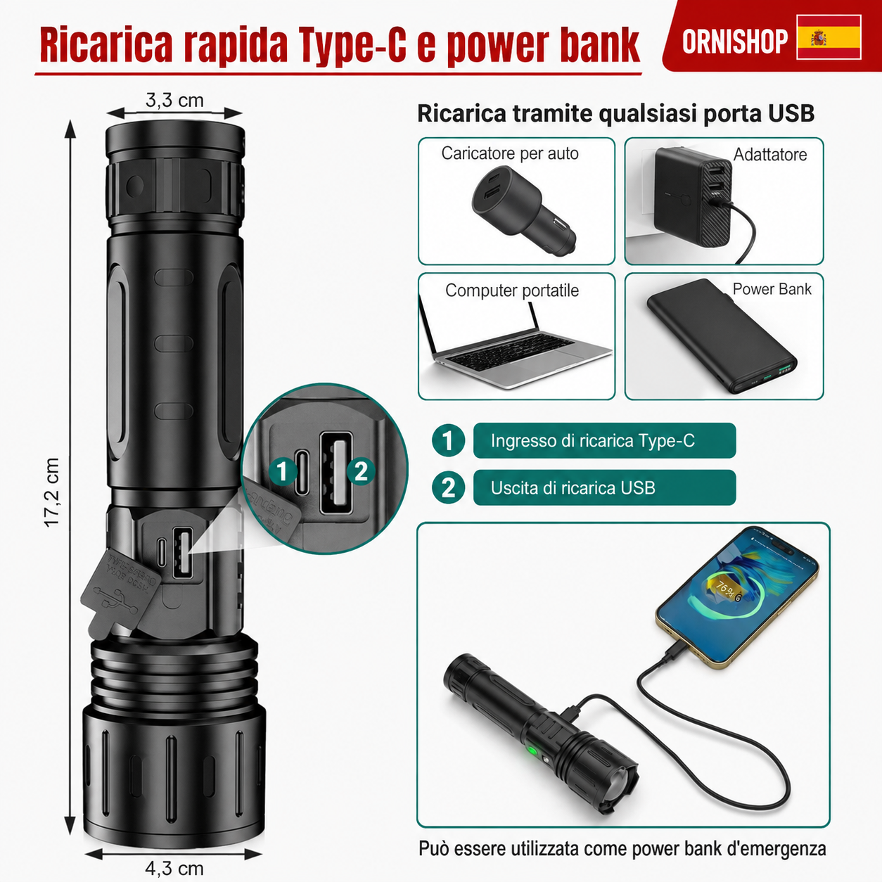 Linterna táctica recargable con puerto Type-C y batería de 5000 mAh de alta capacidad
