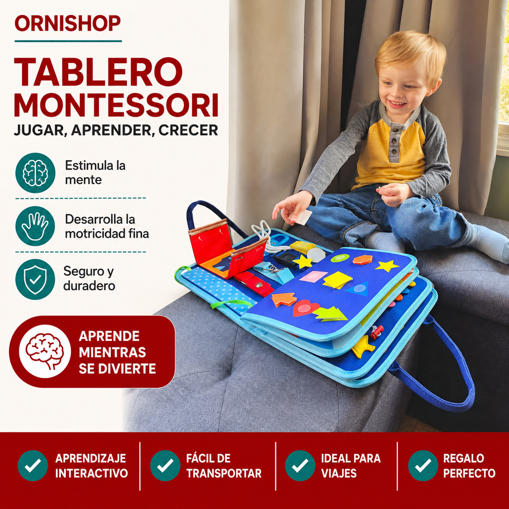 Niño pequeño jugando con tablero Montessori de fieltro con múltiples actividades