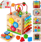 Niño jugando con el cubo Montessori MINDBLOX mostrando las distintas caras de actividades didácticas