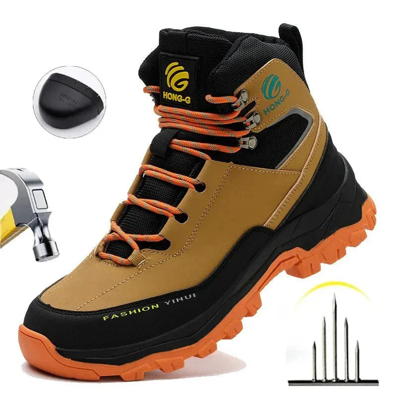 Detalle de puntera reforzada y suela antiperforación de botas ORNISHOP HONG-G para máxima seguridad