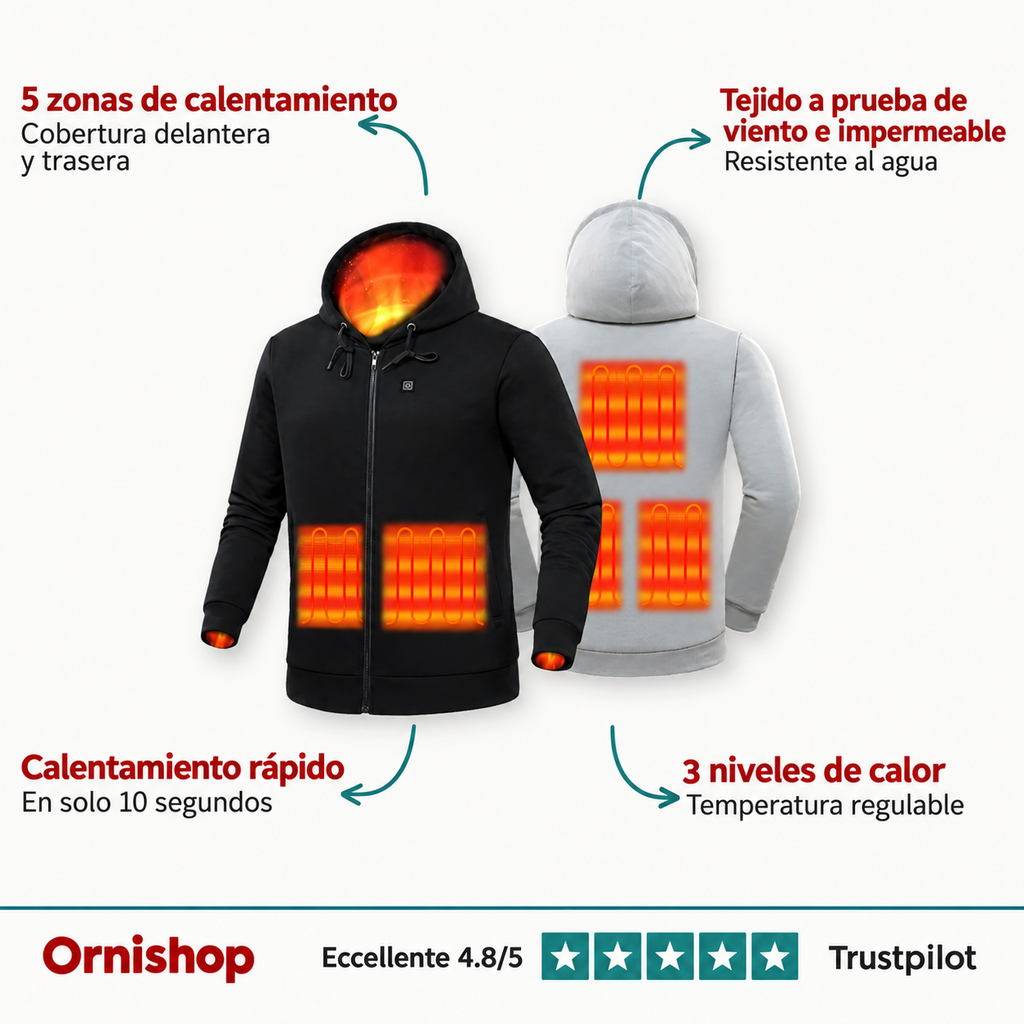 Detalle del sistema de calefacción de la sudadera Ornishop X mostrando las zonas térmicas activas