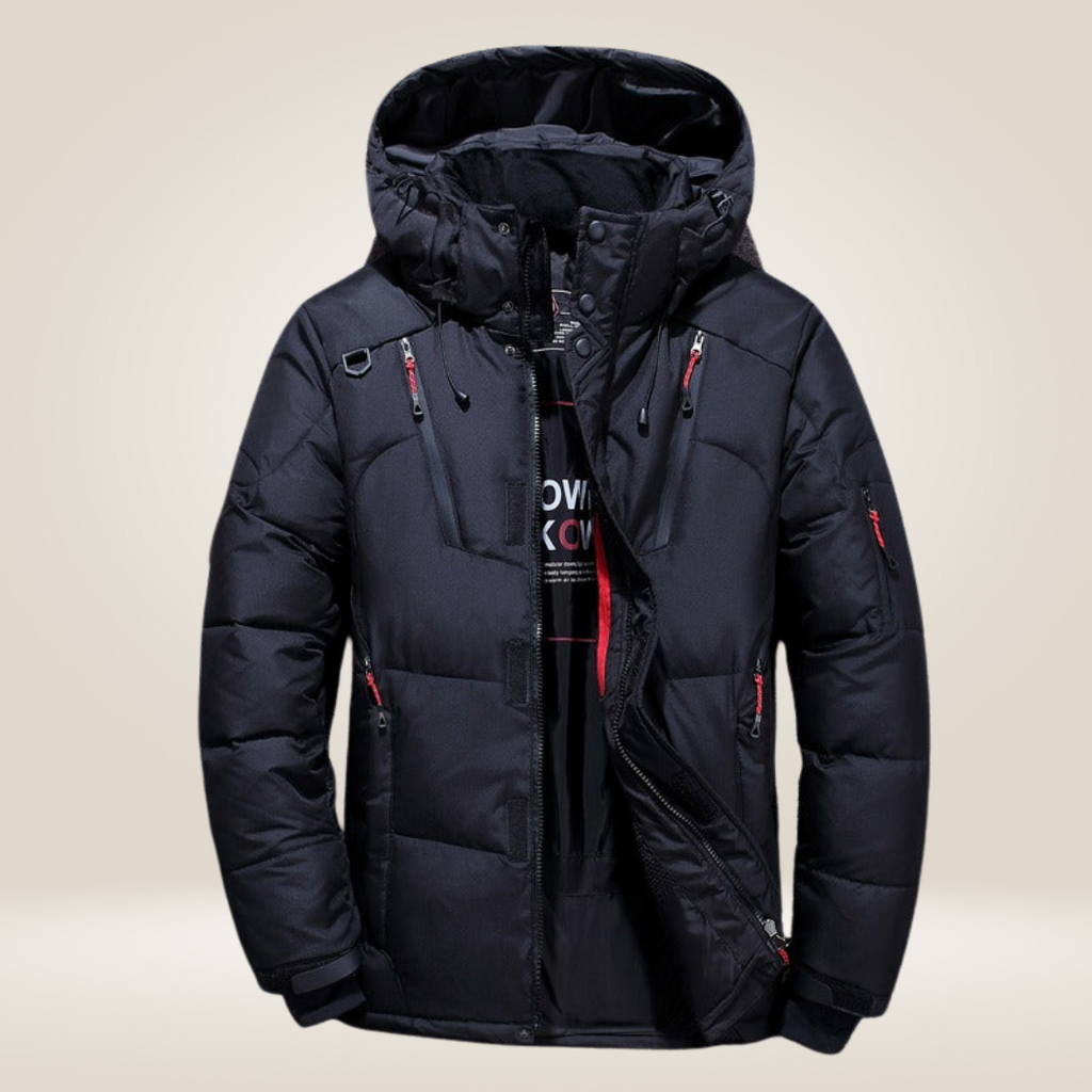 Vista frontal de la parka Nordfall mostrando su diseño moderno y funcional