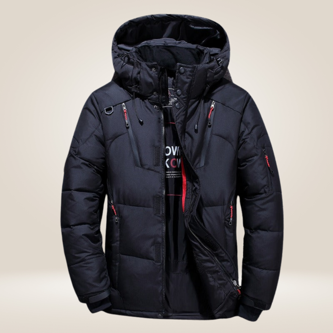 Vista frontal de la parka Nordfall mostrando su diseño moderno y funcional