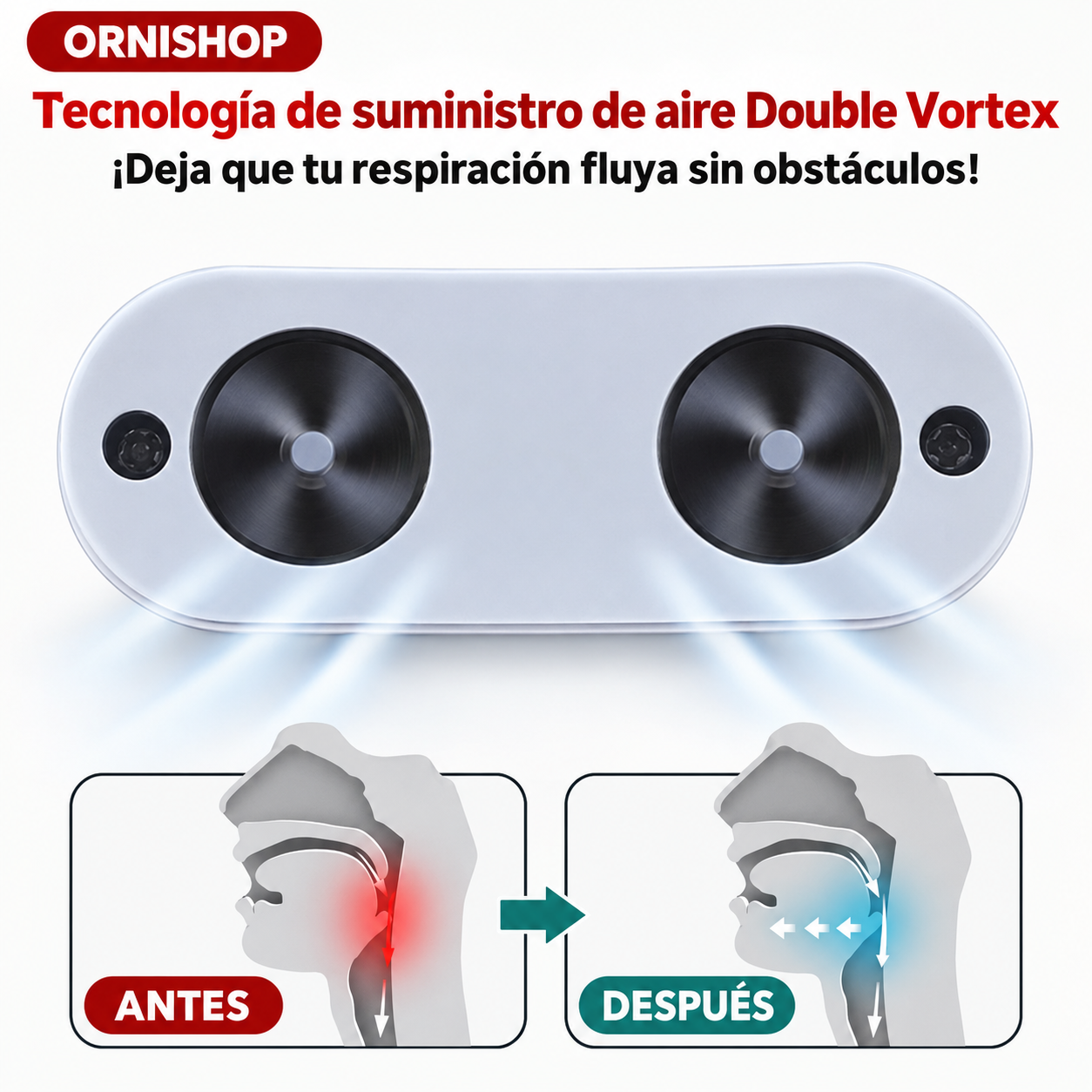 Dispositivo anti-ronquidos portátil en uso, demostrando su diseño compacto y discreto