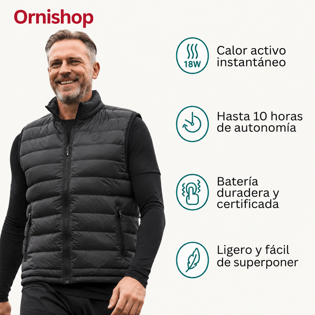 Chaleco térmico Ornishop X en uso, demostrando su ajuste ergonómico y libertad de movimientos