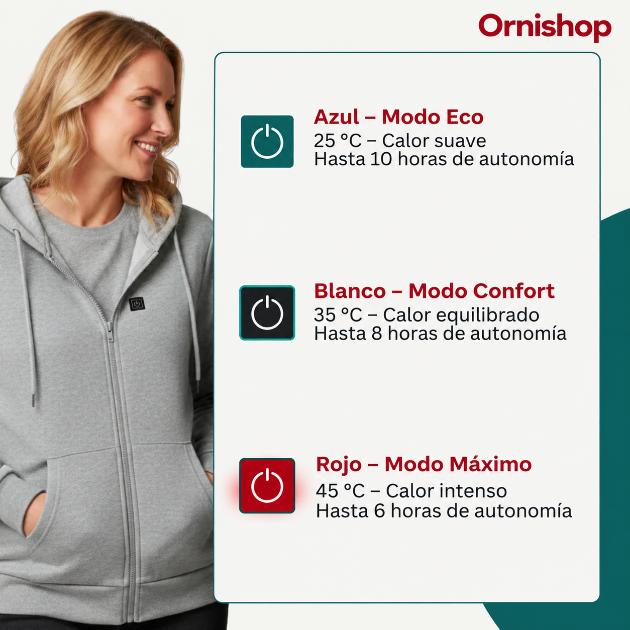 Sudadera calefactable Ornishop X en uso exterior, demostrando confort térmico en ambiente frío