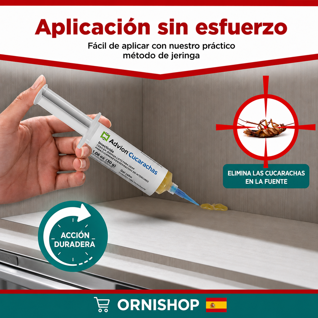 Aplicador de gel antiplagas con Indoxacarb para control efectivo de cucarachas domésticas