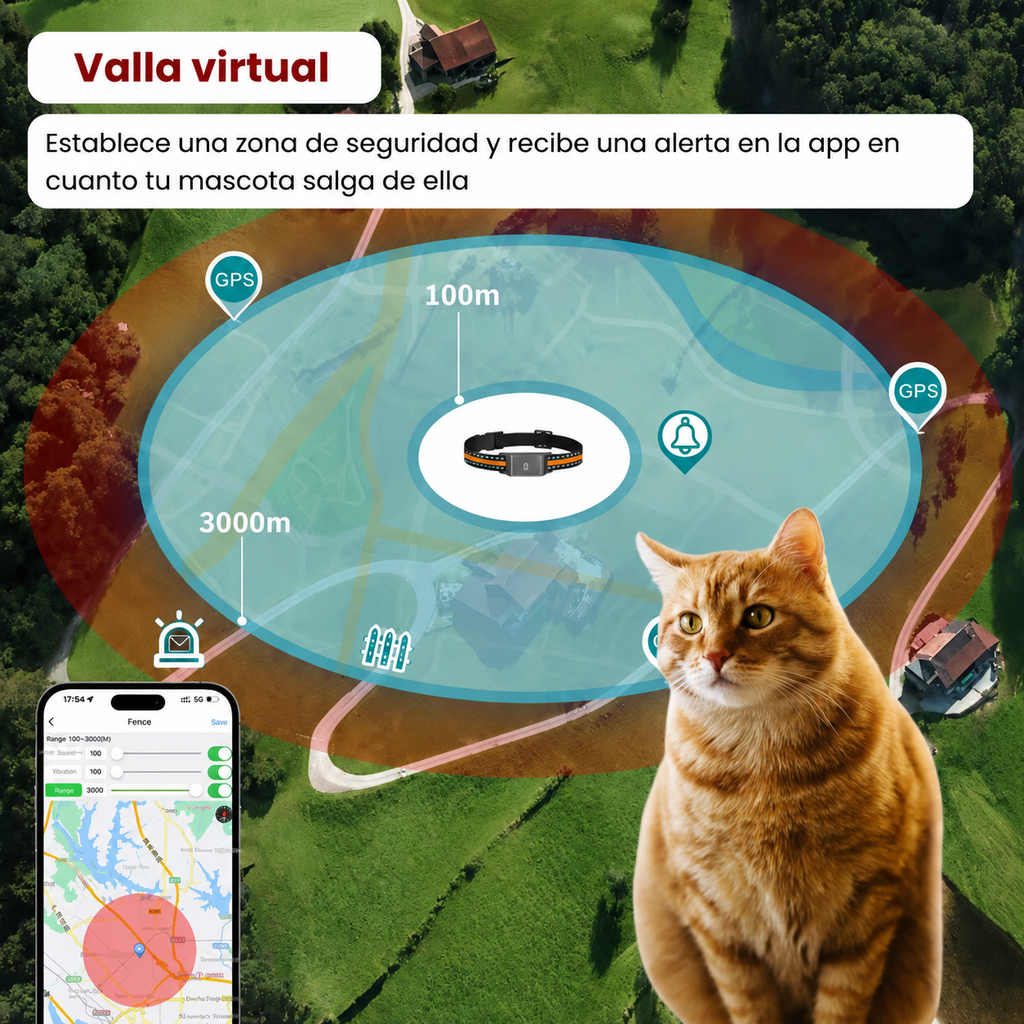 Dispositivo GPS para mascotas con certificación IP65, resistente al agua, lluvia, barro y polvo.