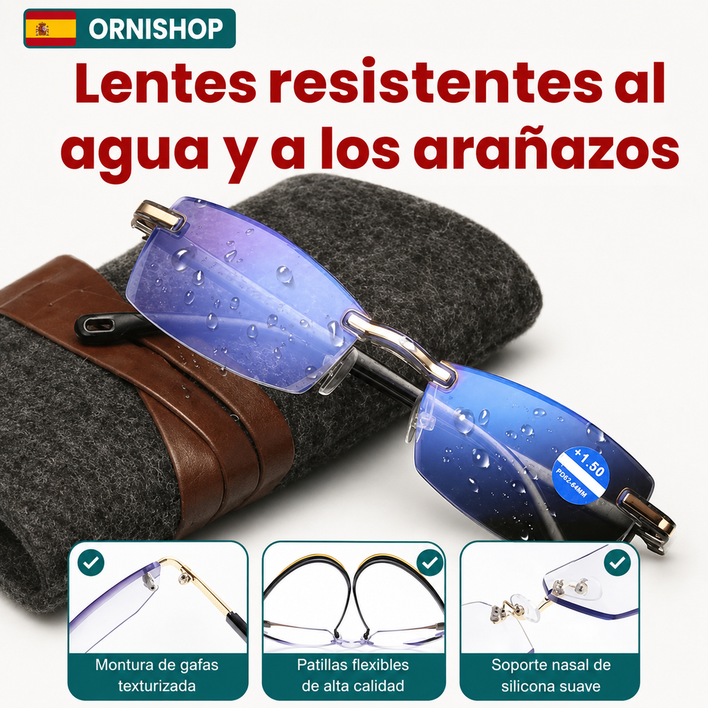 Persona usando gafas multifocales inteligentes para lectura y actividades cotidianas con total comodidad