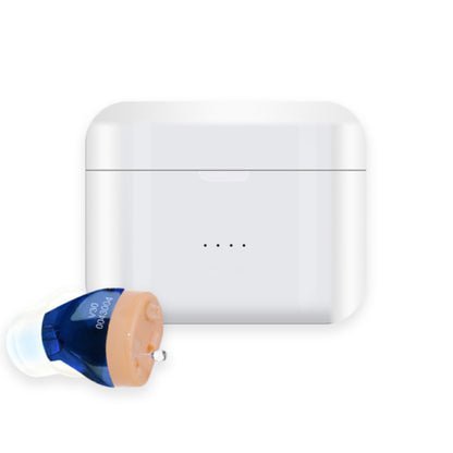 Detalle del audífono recargable ClearPro con sus controles de volumen y ajustes personalizables