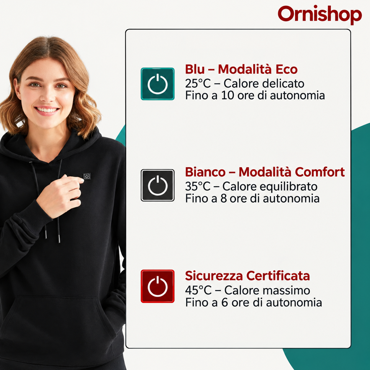 Sudadera con calefacción Ornishop X detalle de batería recargable USB