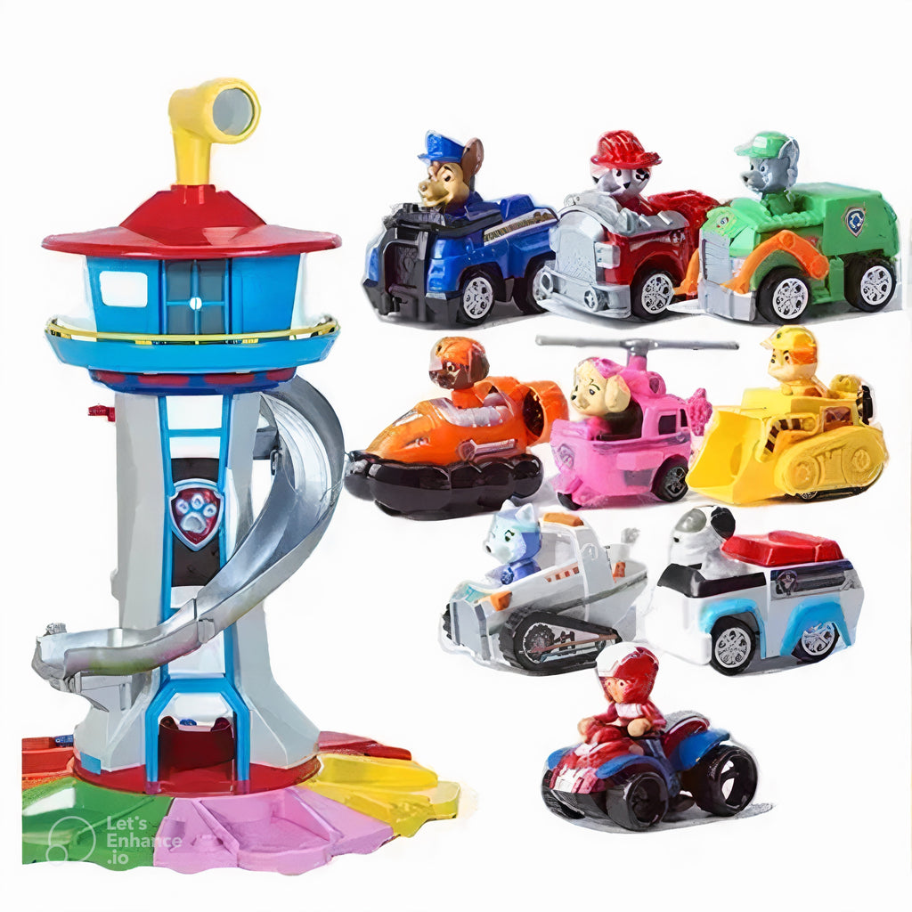 Vista del conjunto de vehículos PawPatrol destacando el diseño resistente y los detalles realistas de cada figura