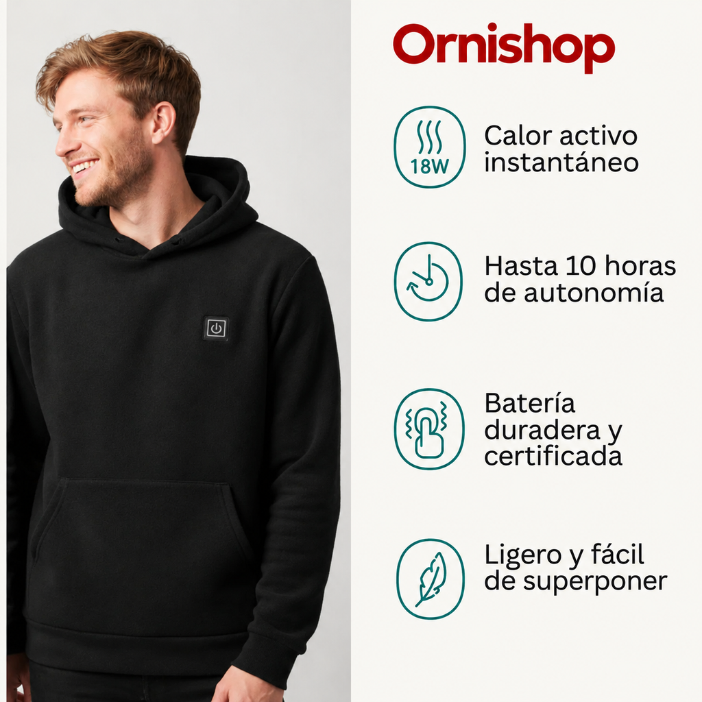 Confección y acabados de calidad de la sudadera con calefacción Ornishop X