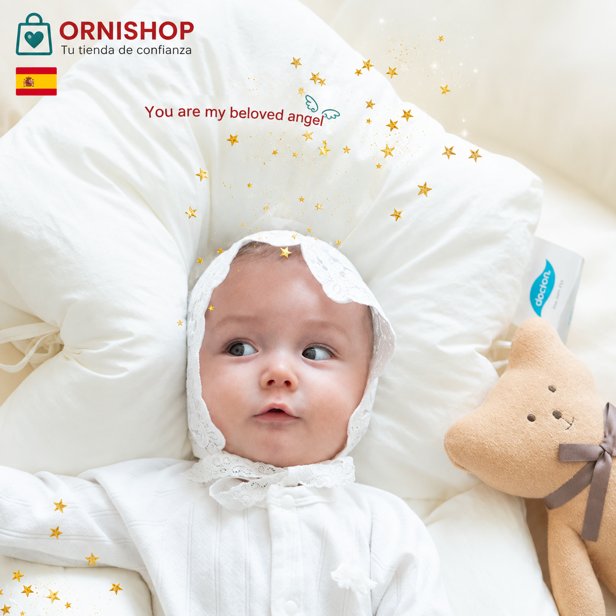 Cojín ergonómico ORNISHOP colocado en cuna mostrando su adaptabilidad y tamaño