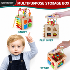 Cubo de aprendizaje MINDBLOX en madera natural con certificaciones de seguridad CE y EN71