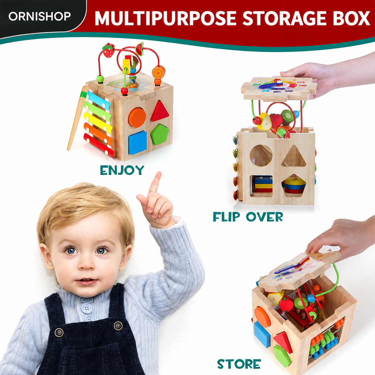 Cubo de aprendizaje MINDBLOX en madera natural con certificaciones de seguridad CE y EN71