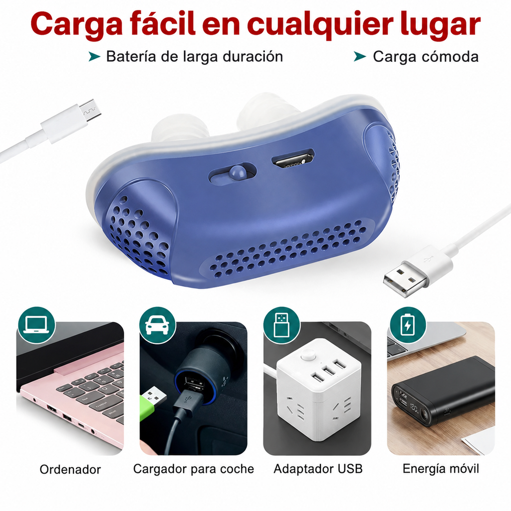 Micro CPAP con sus accesorios: estuche de almacenamiento, cable USB y manual de instrucciones