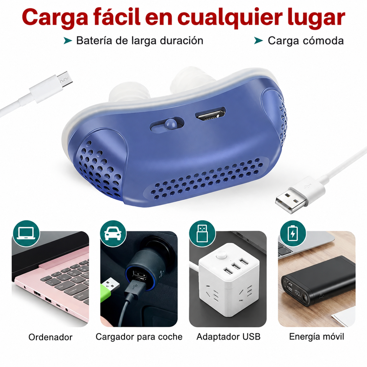 Micro CPAP con sus accesorios: estuche de almacenamiento, cable USB y manual de instrucciones