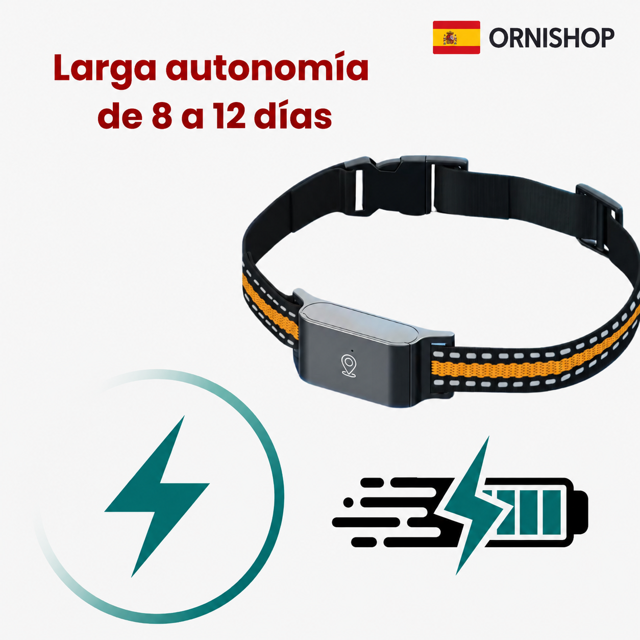 Especificaciones técnicas del collar GPS: batería 500 mAh, precisión 2-3 metros, compatible iOS y Android.