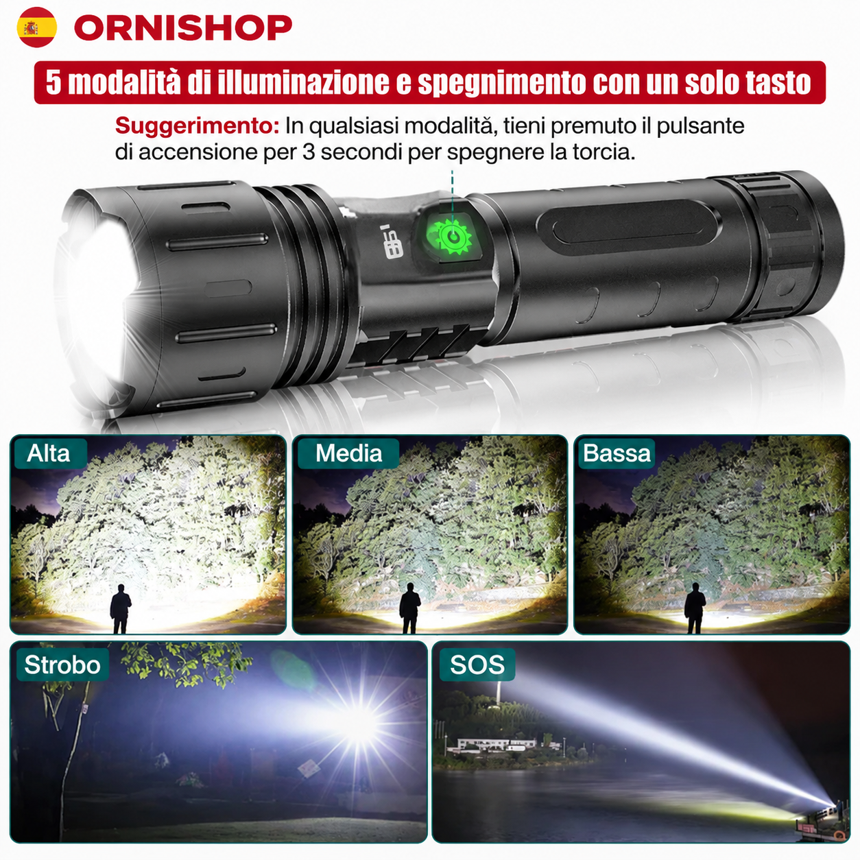 Linterna táctica de largo alcance proyectando haz luminoso potente en exteriores nocturnos