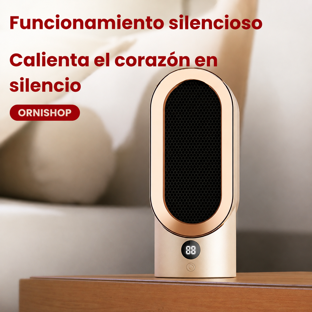Detalle del panel de control del calefactor con termostato digital y botones de ajuste de temperatura y temporizador