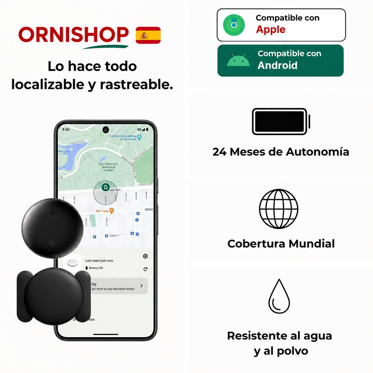 Pack completo rastreador GPS mascota con pilas CR2032 y soporte tipo AirTag de regalo