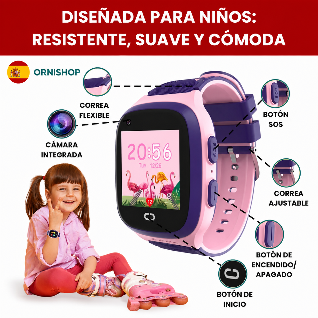 Smartwatch GPS para niños con cable de carga USB-C y accesorios incluidos