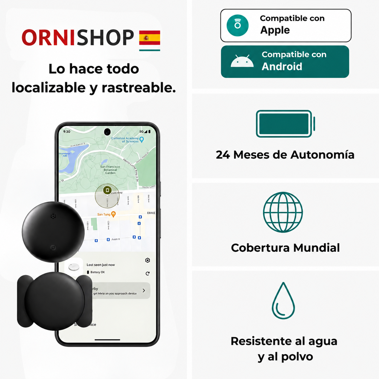 Localizador GPS sin suscripción con soportes adhesivo y magnético incluidos en el pack