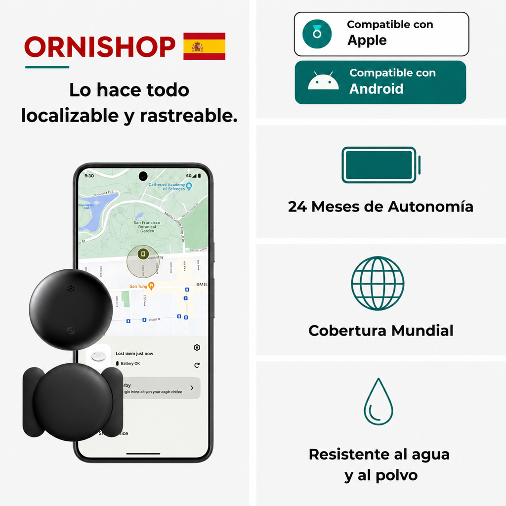 Contenido completo del pack: rastreador GPS, soportes adhesivo y magnético, y pilas CR2032