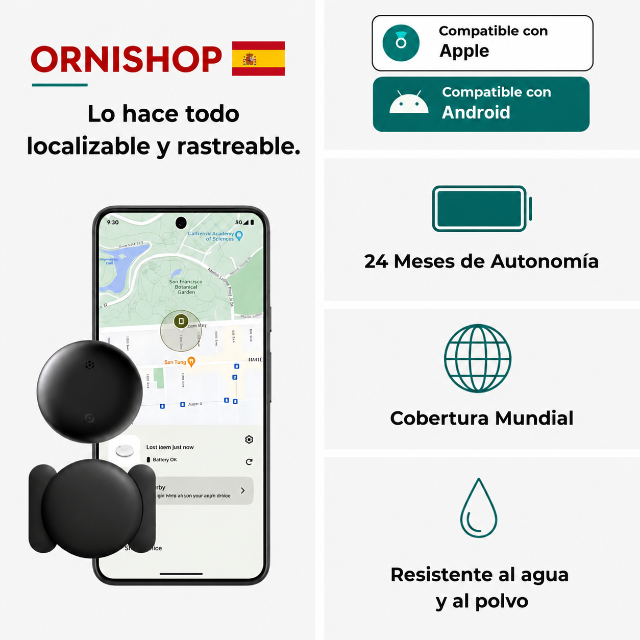Contenido completo del pack: rastreador GPS, soportes adhesivo y magnético, y pilas CR2032