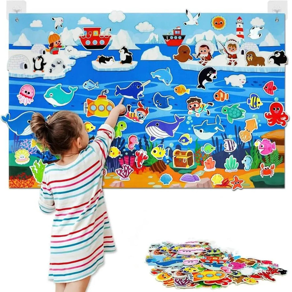 Figuras de fieltro de granja: animales, tractores y granjeros sobre panel sensorial