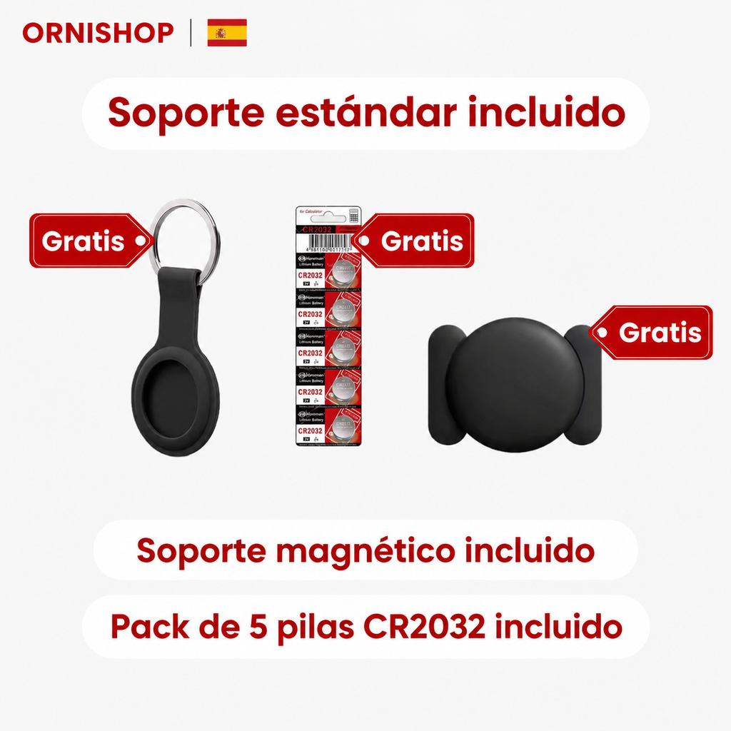 Pack completo de rastreador GPS para mayores: incluye soportes adhesivo y magnético, más 5 pilas CR2032 de repuesto.