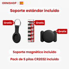 Pack completo de rastreador GPS para mayores: incluye soportes adhesivo y magnético, más 5 pilas CR2032 de repuesto.