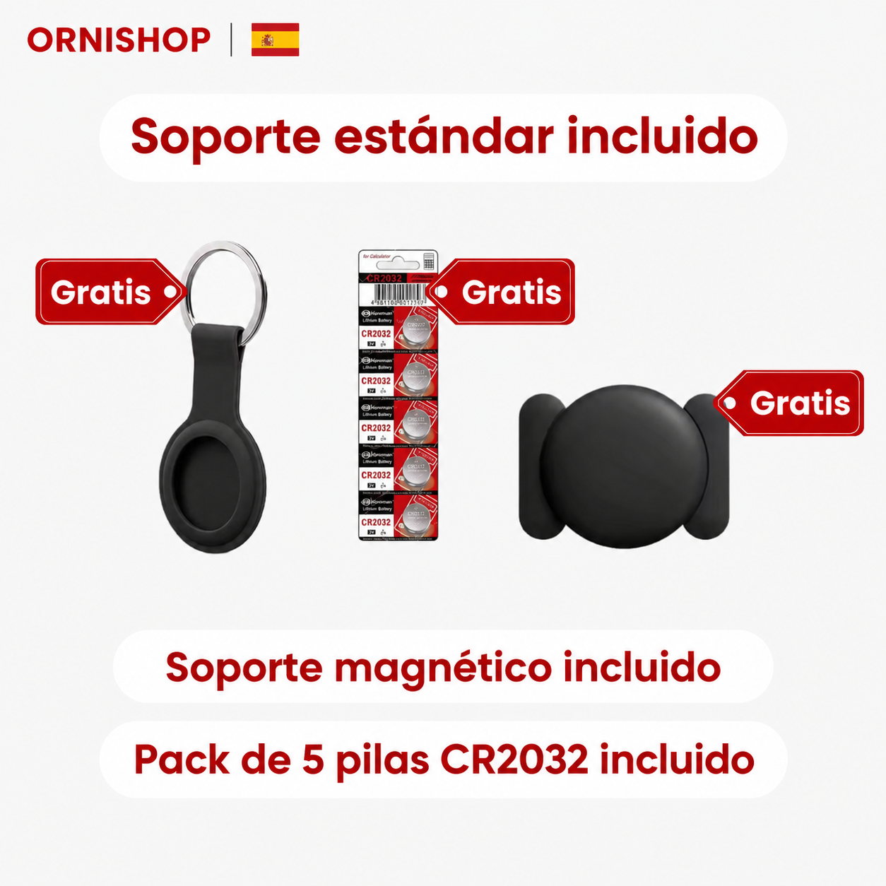 Pack completo de rastreador GPS para mayores: incluye soportes adhesivo y magnético, más 5 pilas CR2032 de repuesto.