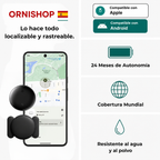 Rastreador GPS para personas mayores disponible en blanco, negro, azul y rosa, compatible con aplicaciones oficiales de Apple y Google.