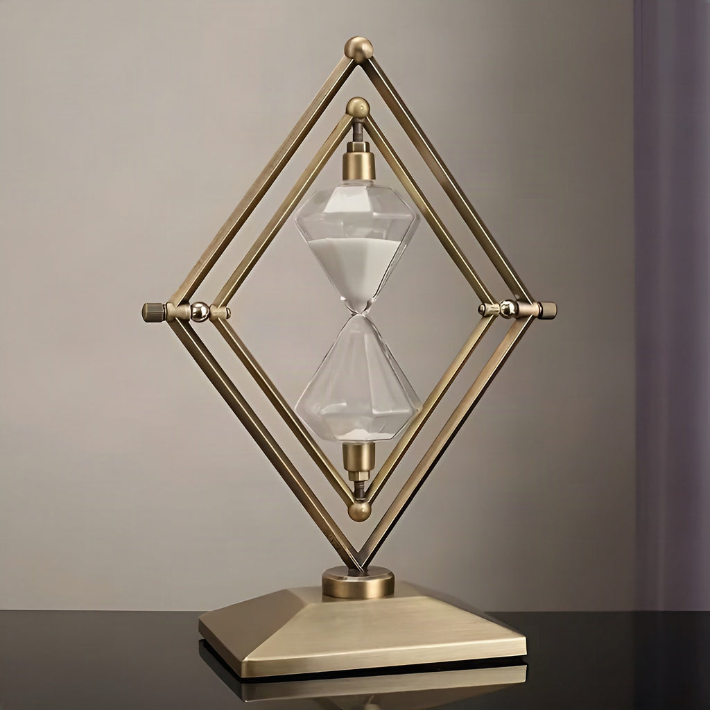 Reloj de arena con marco metálico geométrico – Decorativo y relajante con arena blanca