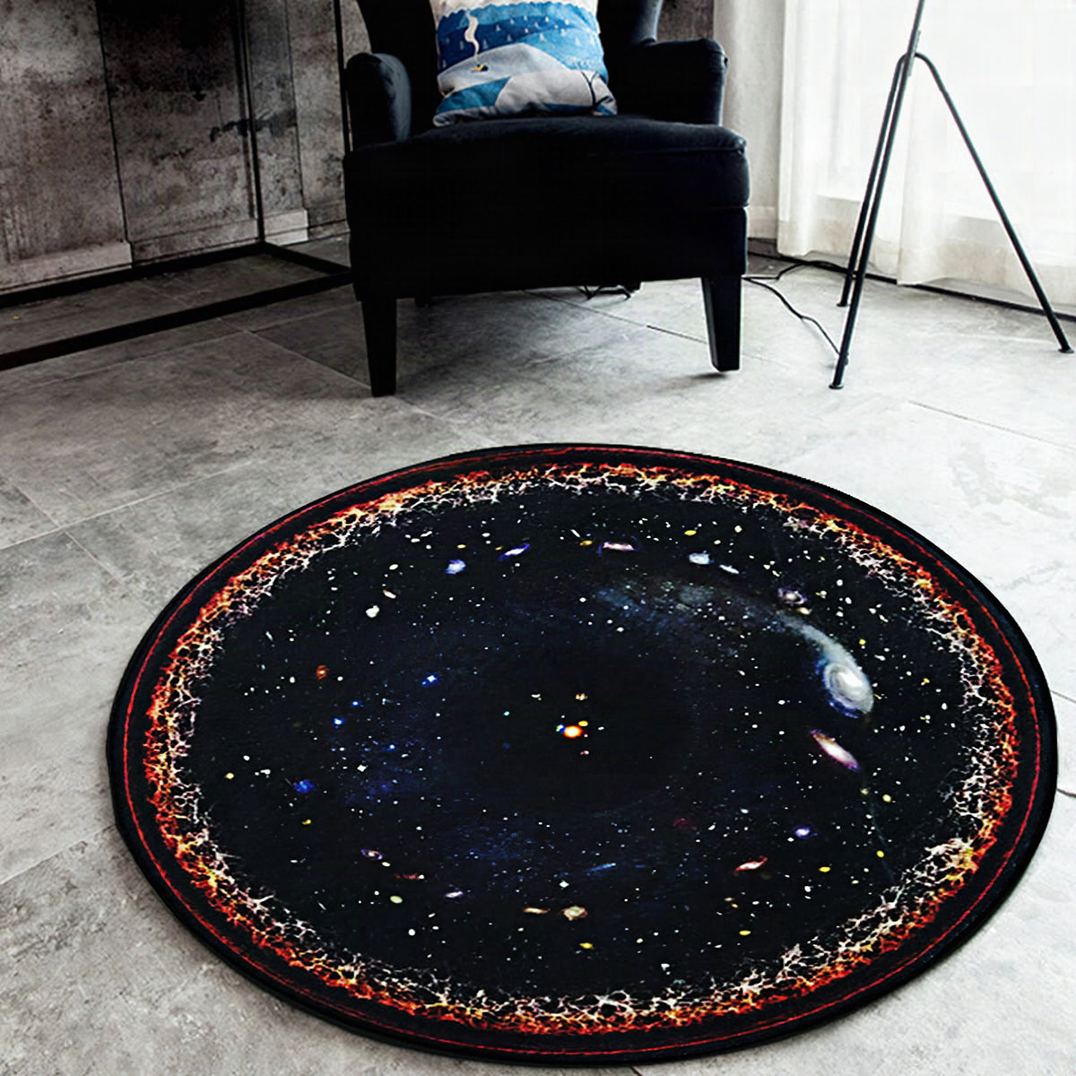 Alfombra redonda con patrón de galaxia negra de poliéster, lavable, antideslizante y apta para mascotas