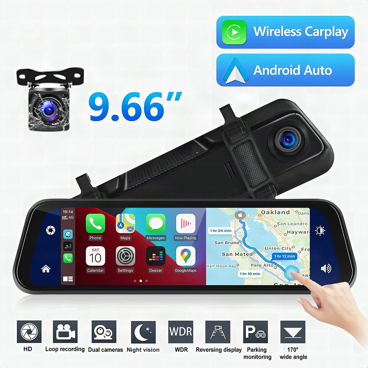Espejo retrovisor con cámara dual HD, pantalla táctil de 9,66" y GPS integrado